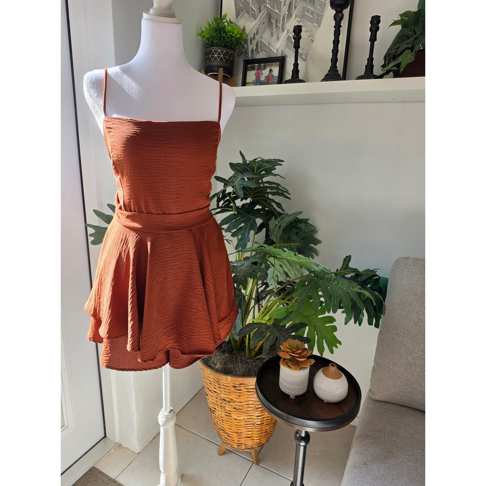 Windsor Rust Orange Open Back Tiered Romper Textured‎ Crepe Spaghetti Strap